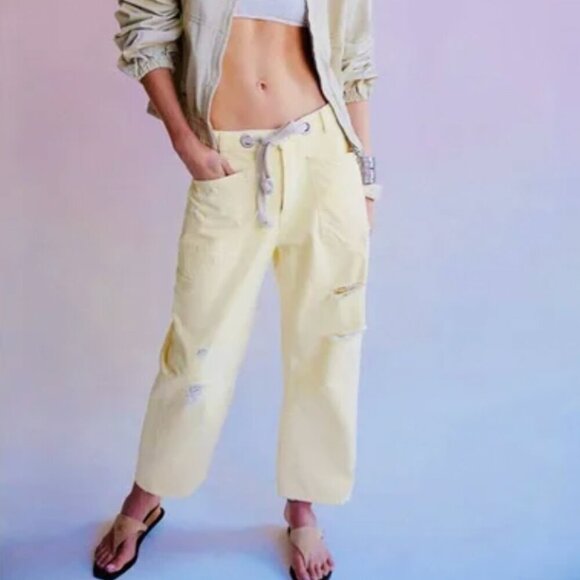 Free People Pants - Free People We the Free Moxie Pull on Barrel Jean Lemon Butter Yellow Pant